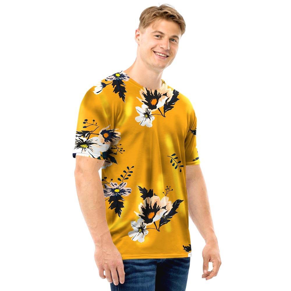 Yellow Flower Print Men T Shirt-grizzshop