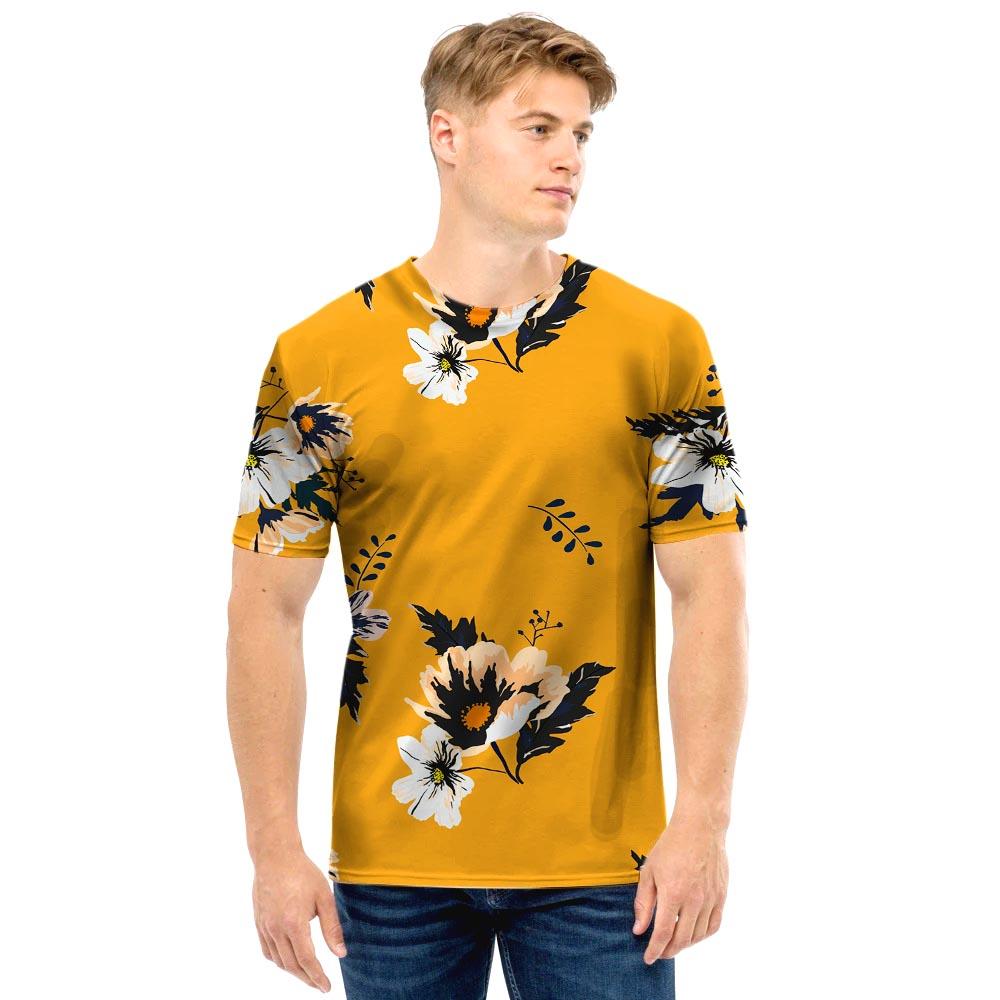 Yellow Flower Print Men T Shirt-grizzshop