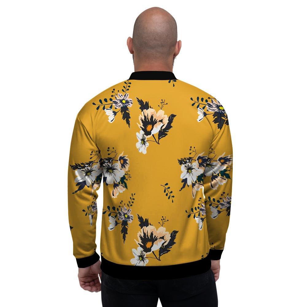 Yellow Flower Print Men's Bomber Jacket-grizzshop