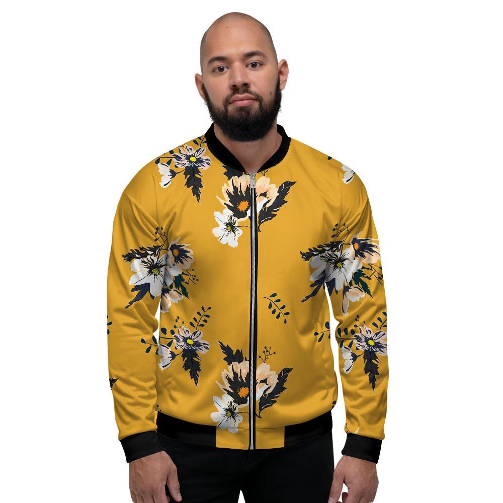 Yellow Flower Print Men's Bomber Jacket-grizzshop