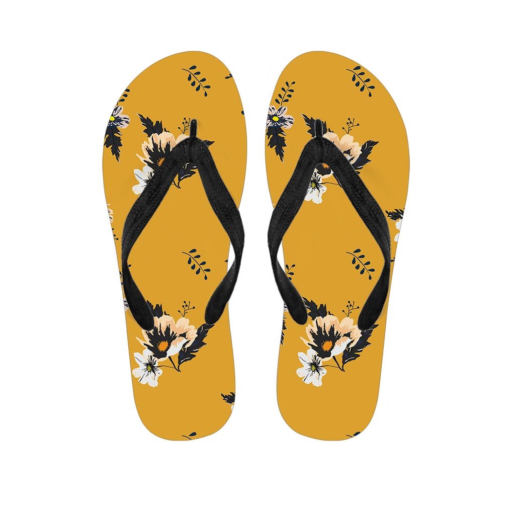 Yellow Flower Print Men's Flip Flops-grizzshop