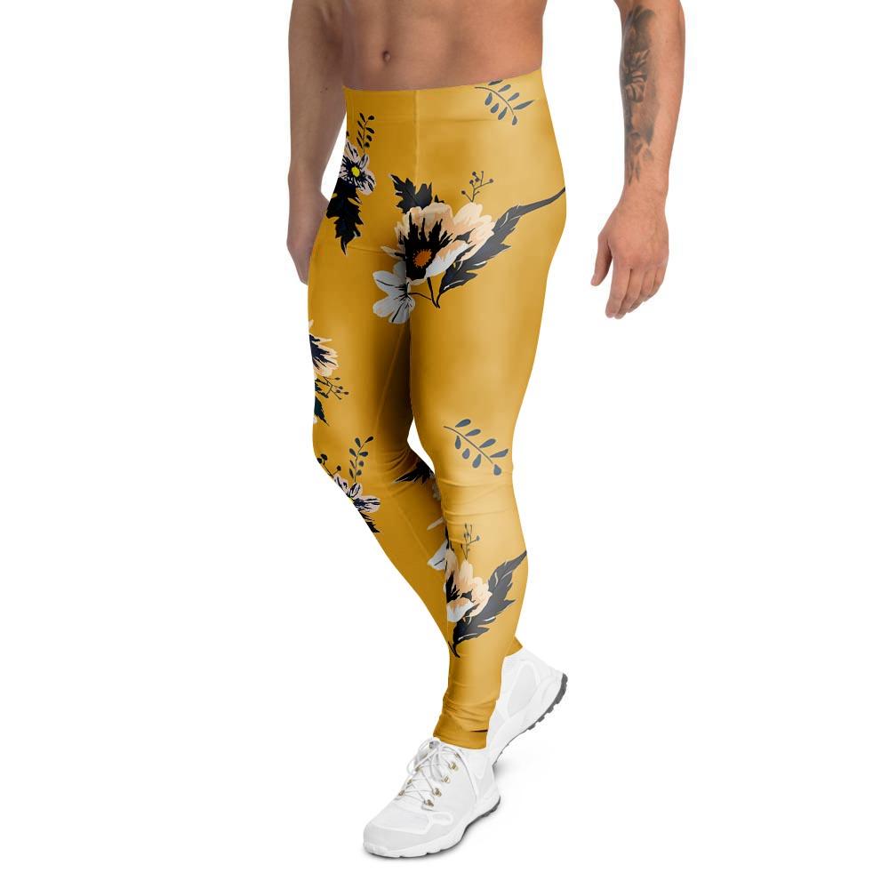 Yellow Flower Print Men's Leggings-grizzshop