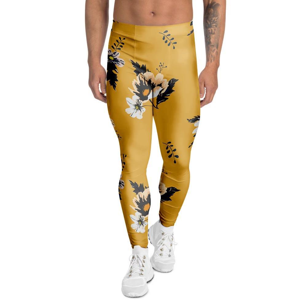 Yellow Flower Print Men's Leggings-grizzshop