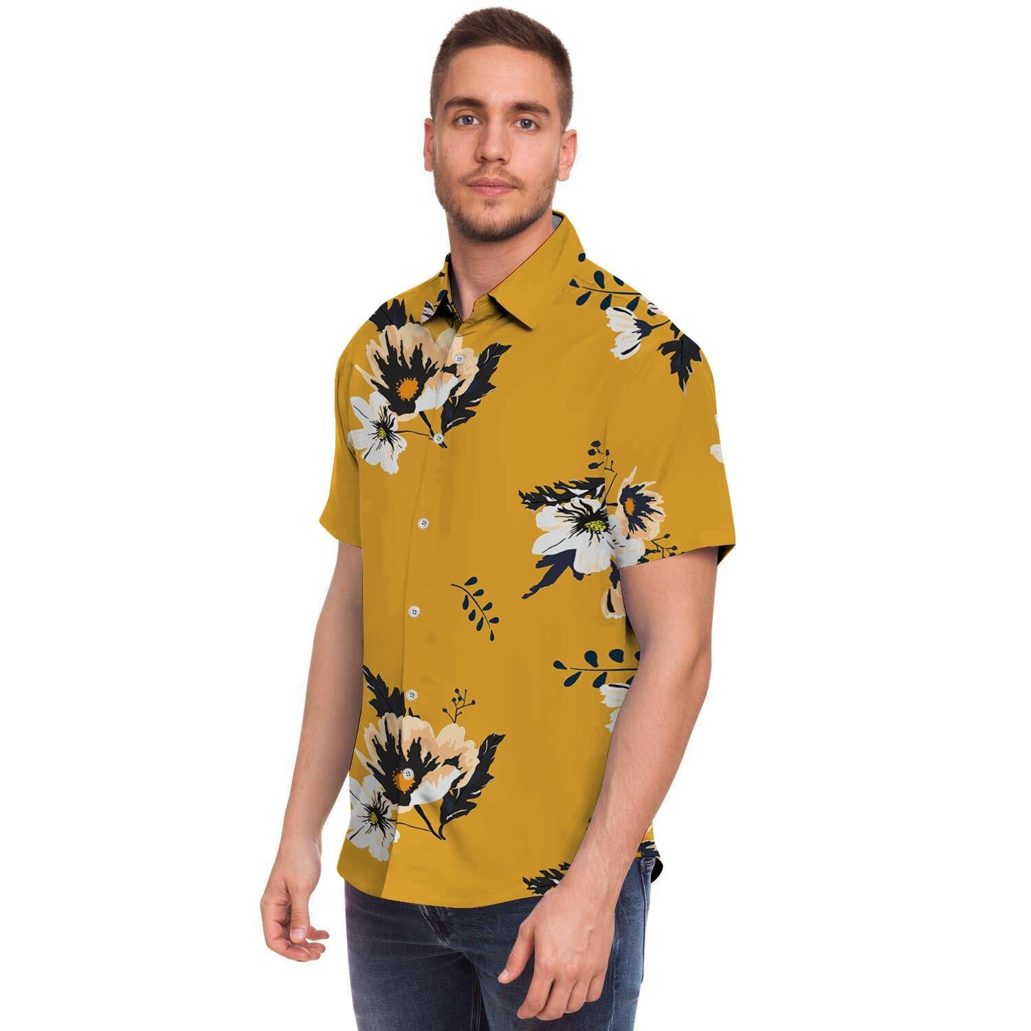 Yellow Flower Print Men's Short Sleeve Shirt-grizzshop