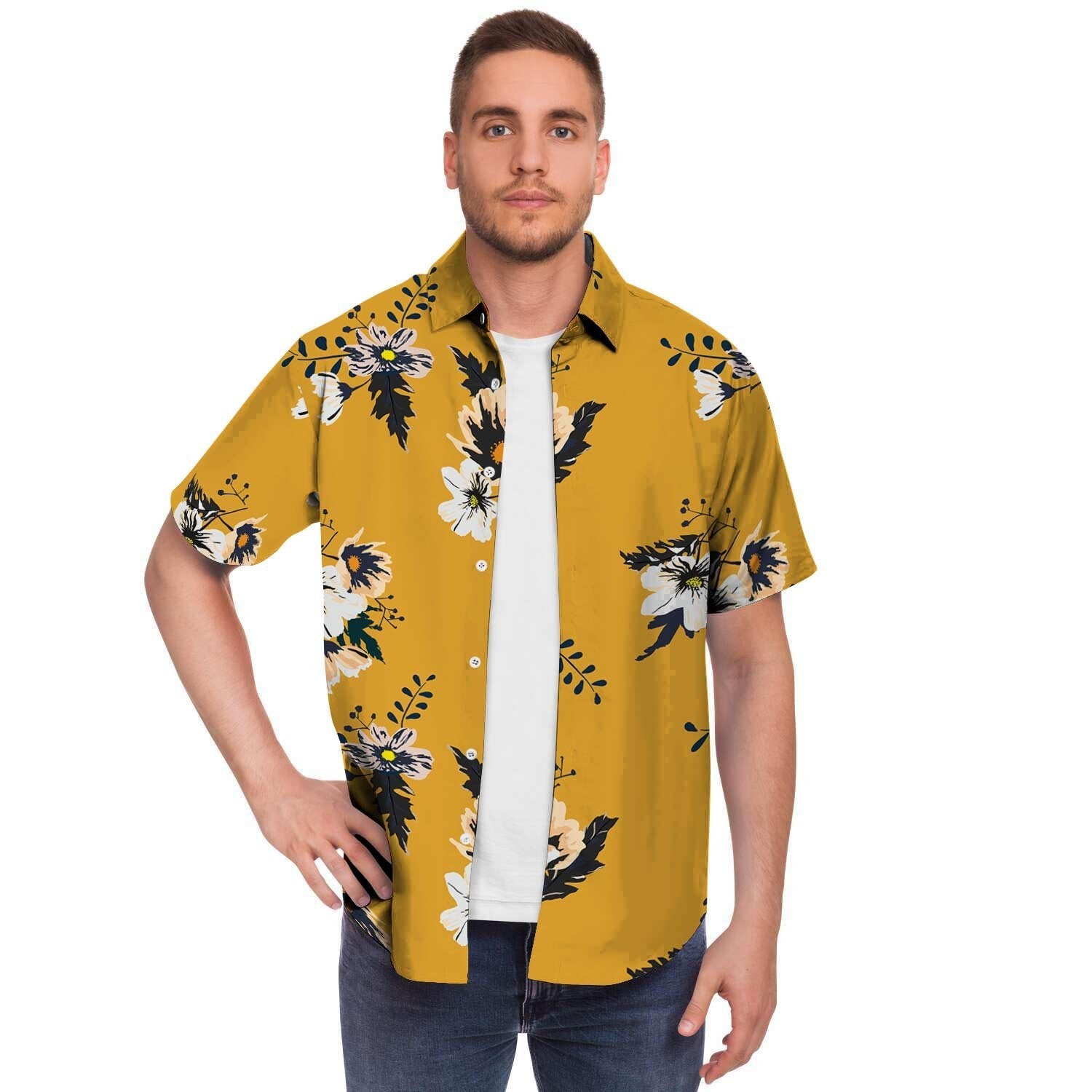 Yellow Flower Print Men's Short Sleeve Shirt-grizzshop