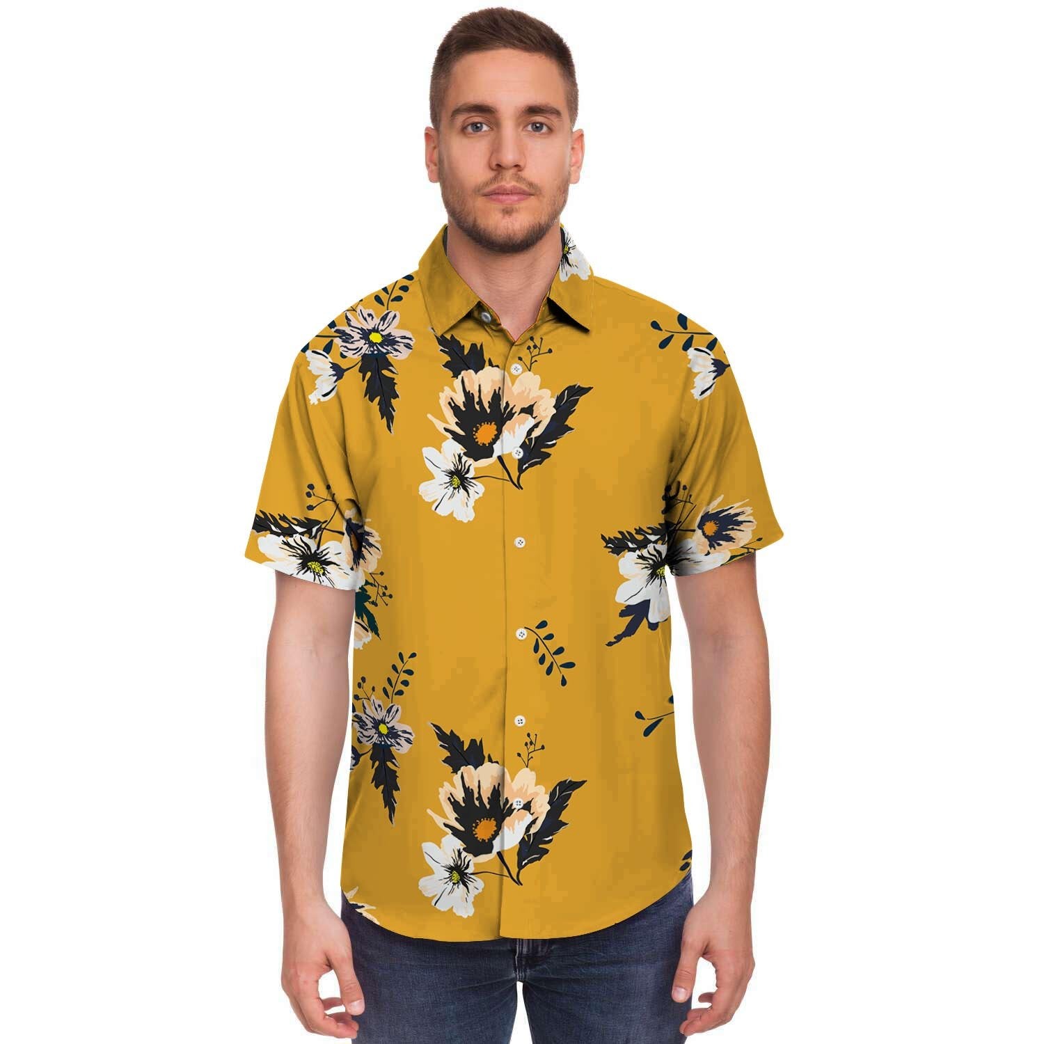 Yellow Flower Print Men's Short Sleeve Shirt-grizzshop