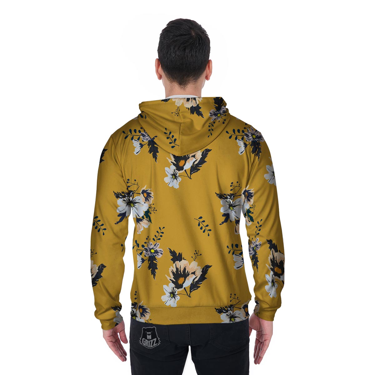 Yellow Flower Print Men's Zip Up Hoodie-grizzshop