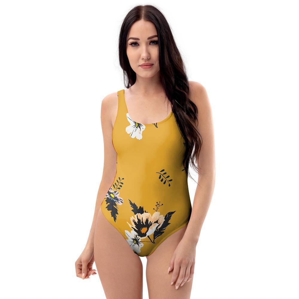 Yellow Flower Print One Piece Swimsuite-grizzshop