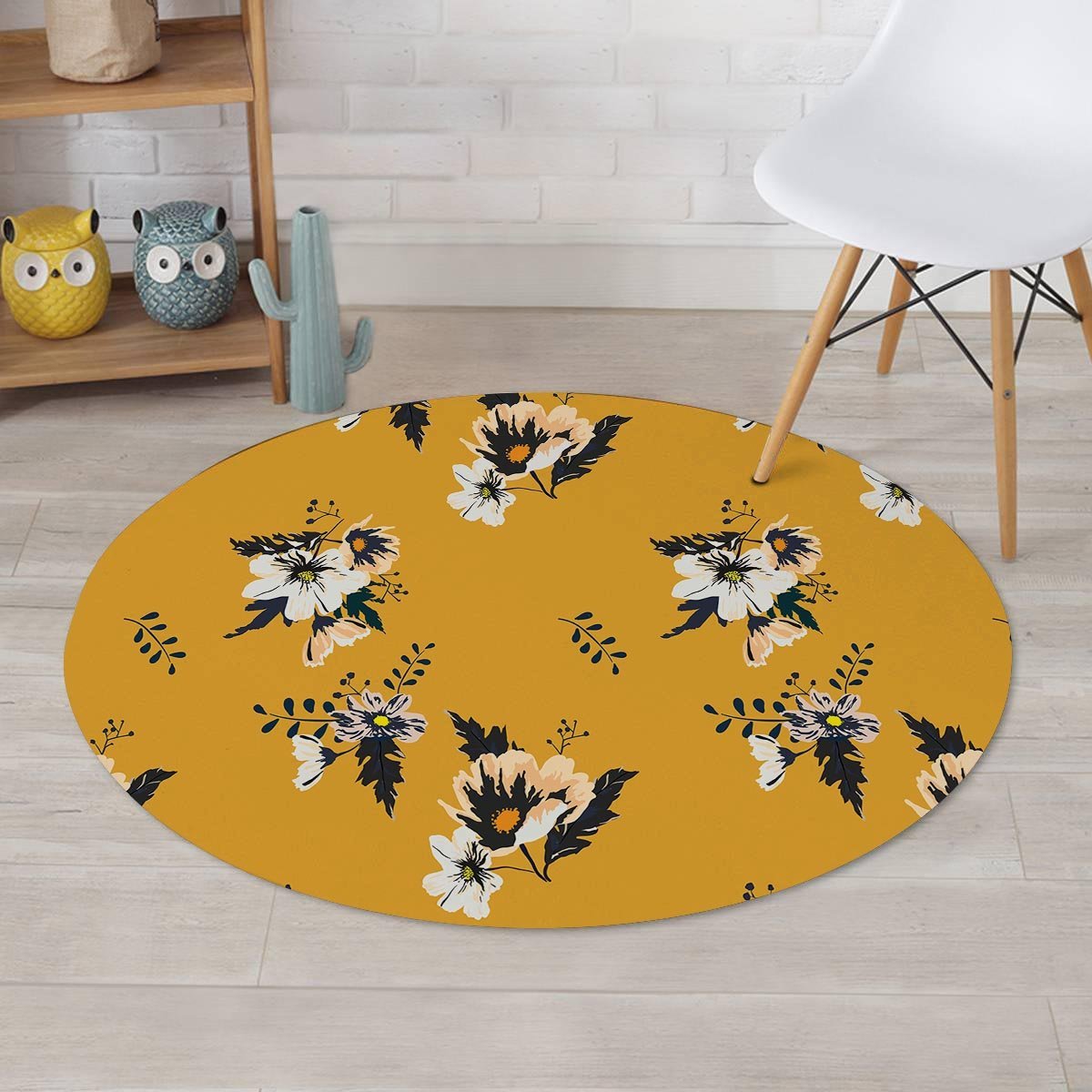 Yellow Flower Print Round Rug-grizzshop