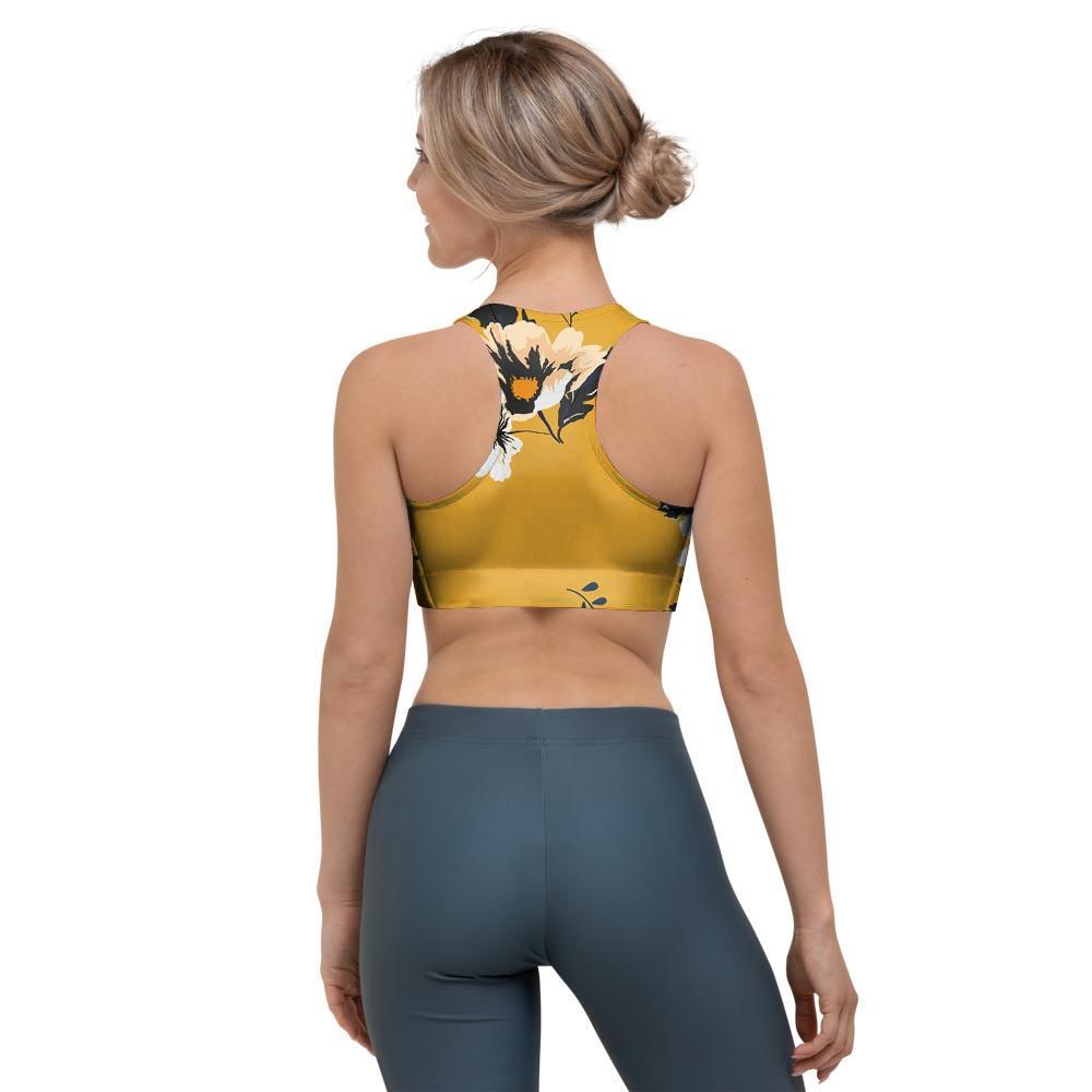 Yellow Flower Print Sports Bra-grizzshop