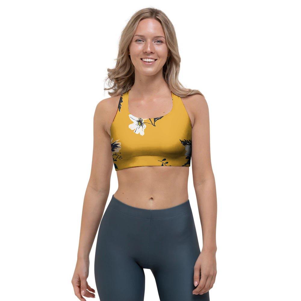 Yellow Flower Print Sports Bra-grizzshop