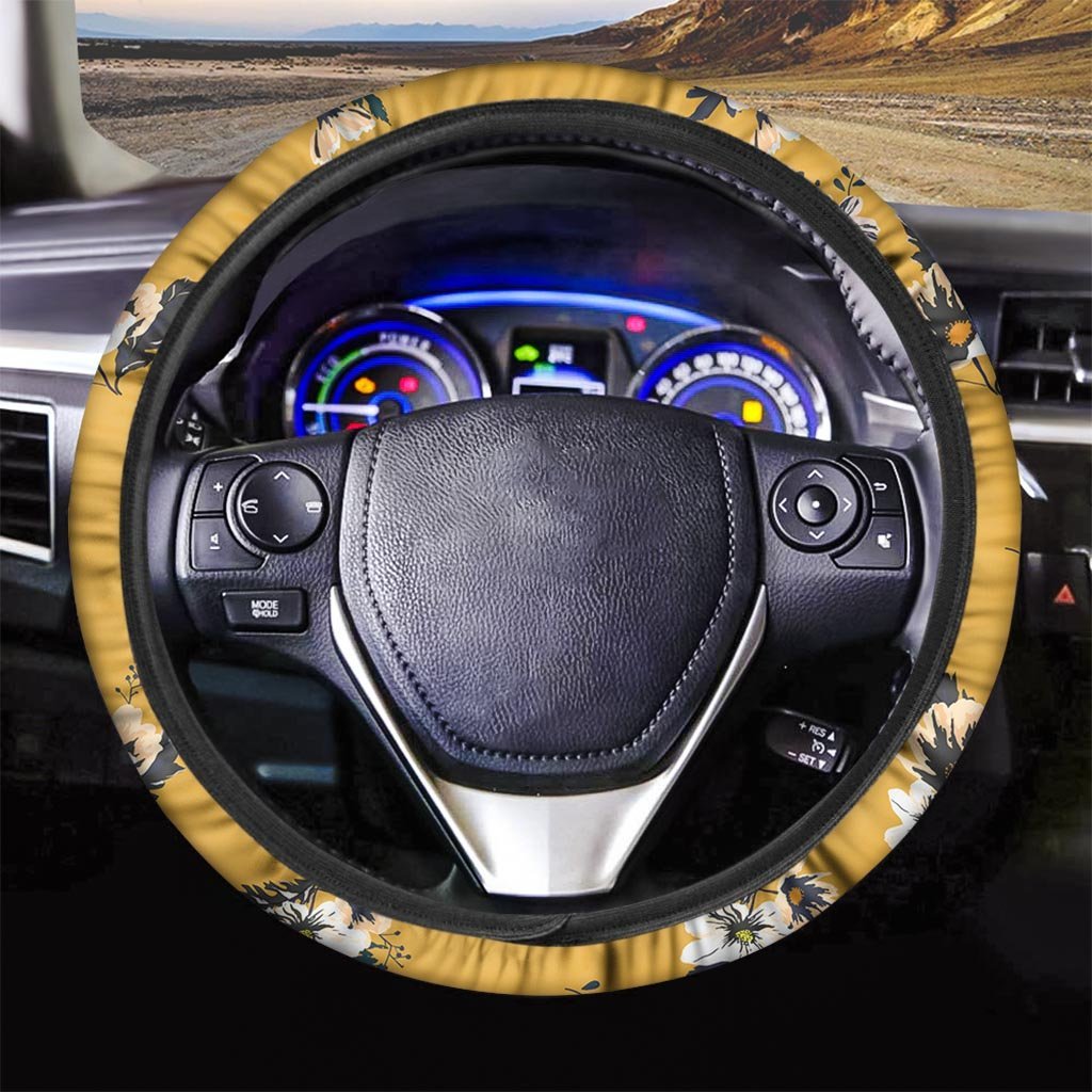 Yellow Flower Print Steering Wheel Cover-grizzshop