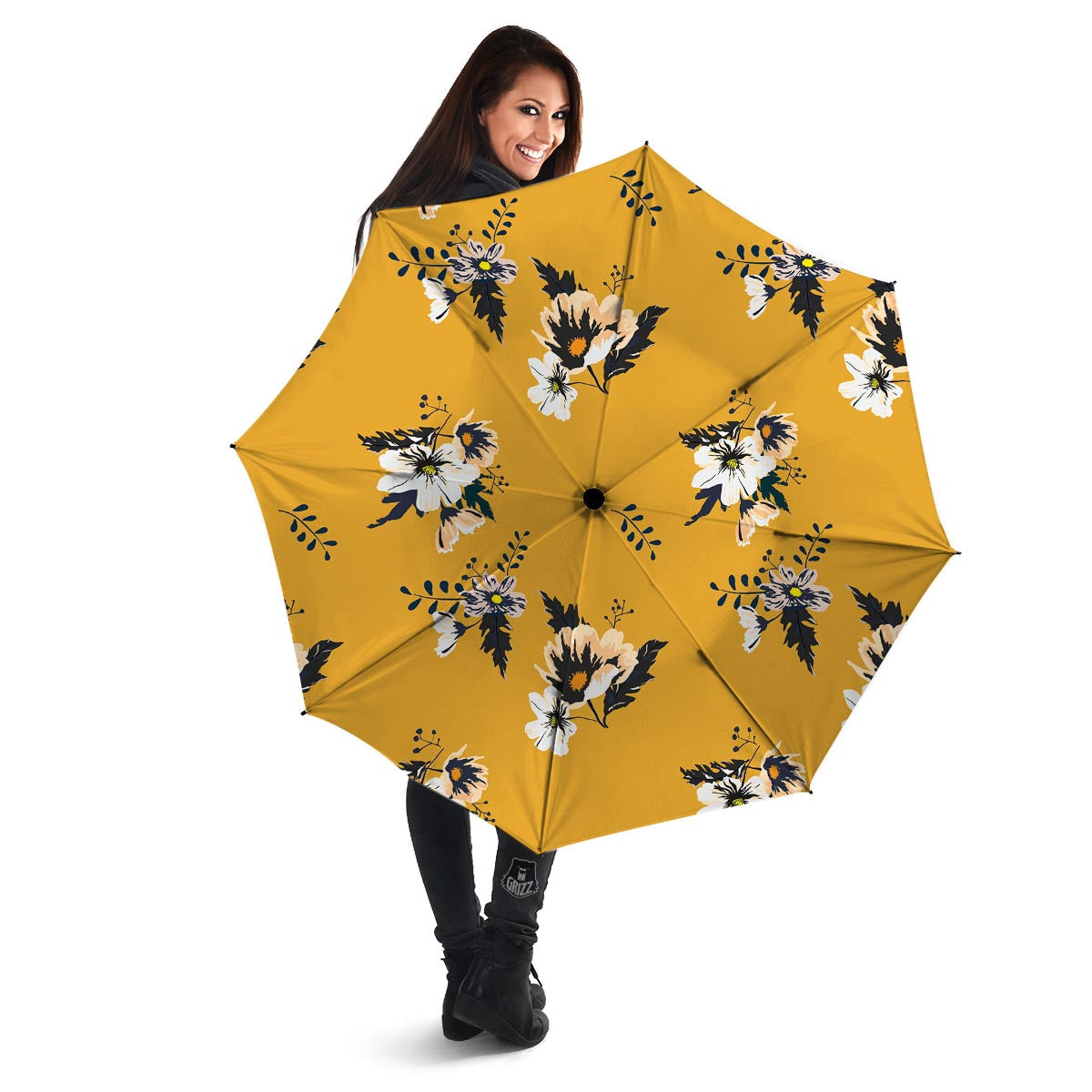 Yellow Flower Print Umbrella-grizzshop