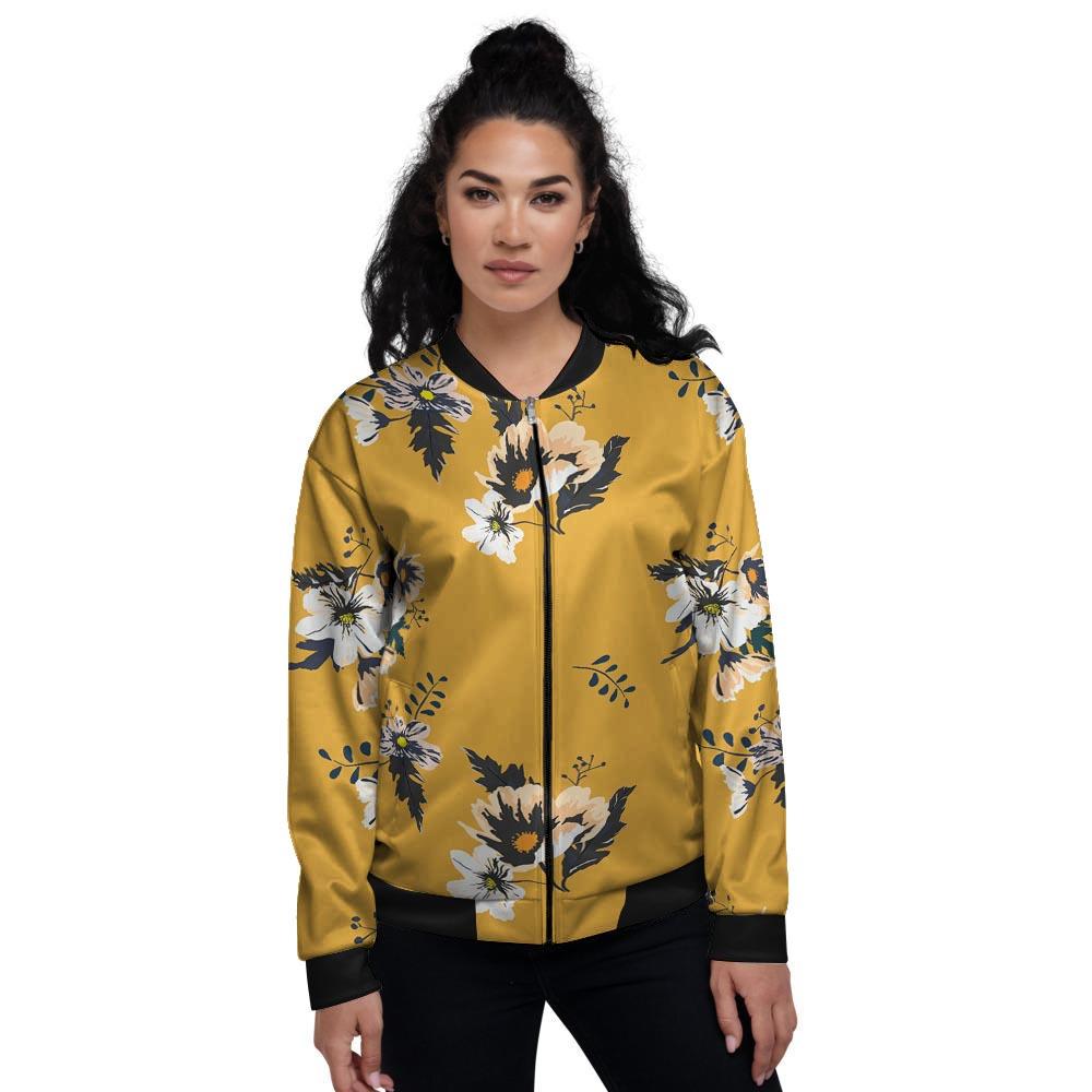 Yellow Flower Print Women's Bomber Jacket-grizzshop