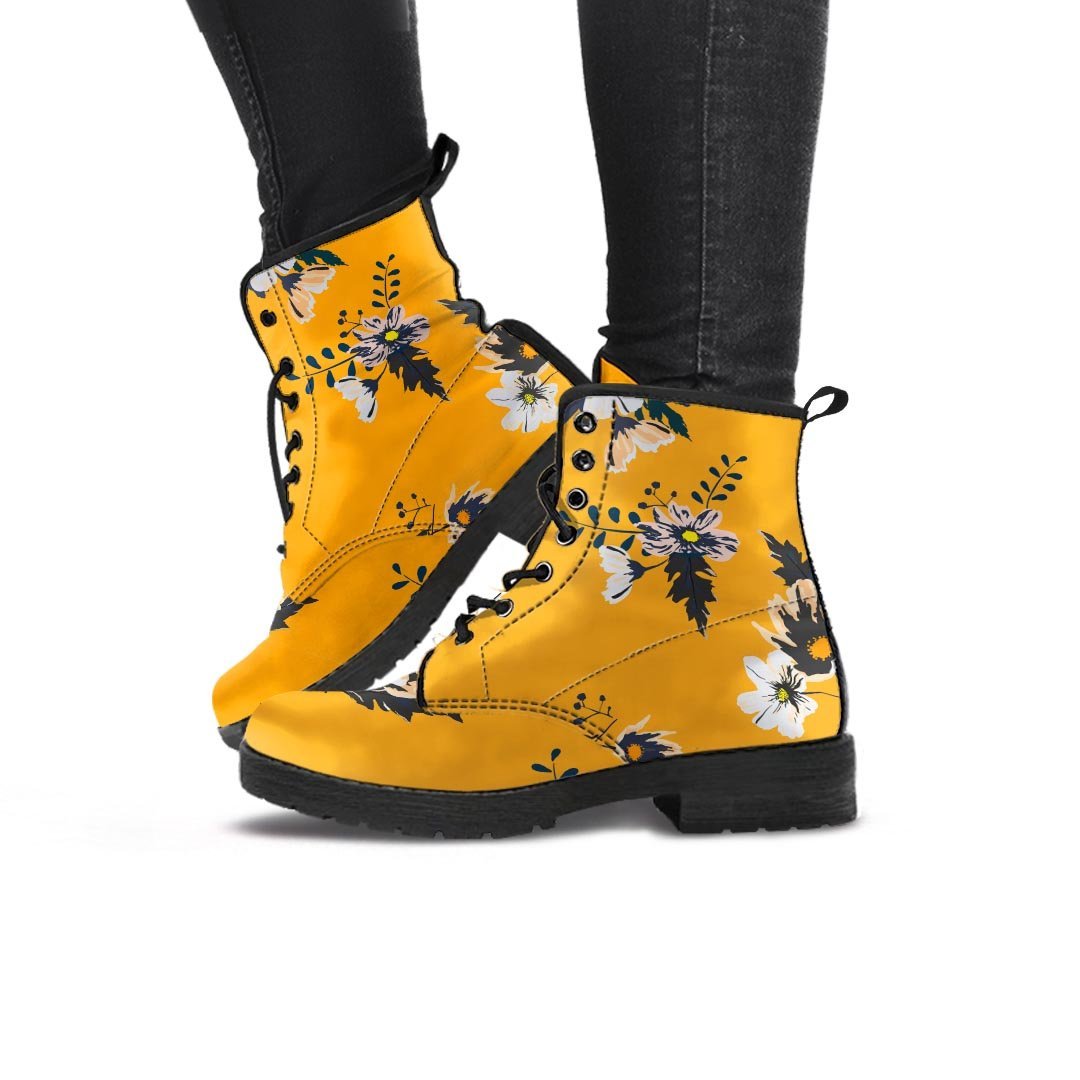 Yellow Flower Print Women's Boots-grizzshop