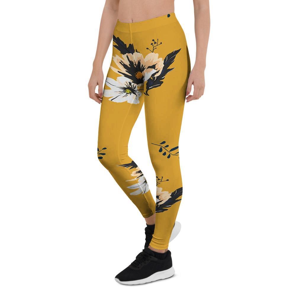 Yellow Flower Print Women's Leggings-grizzshop