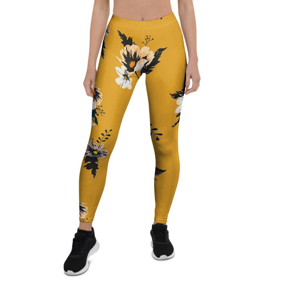 Yellow Flower Print Women's Leggings-grizzshop