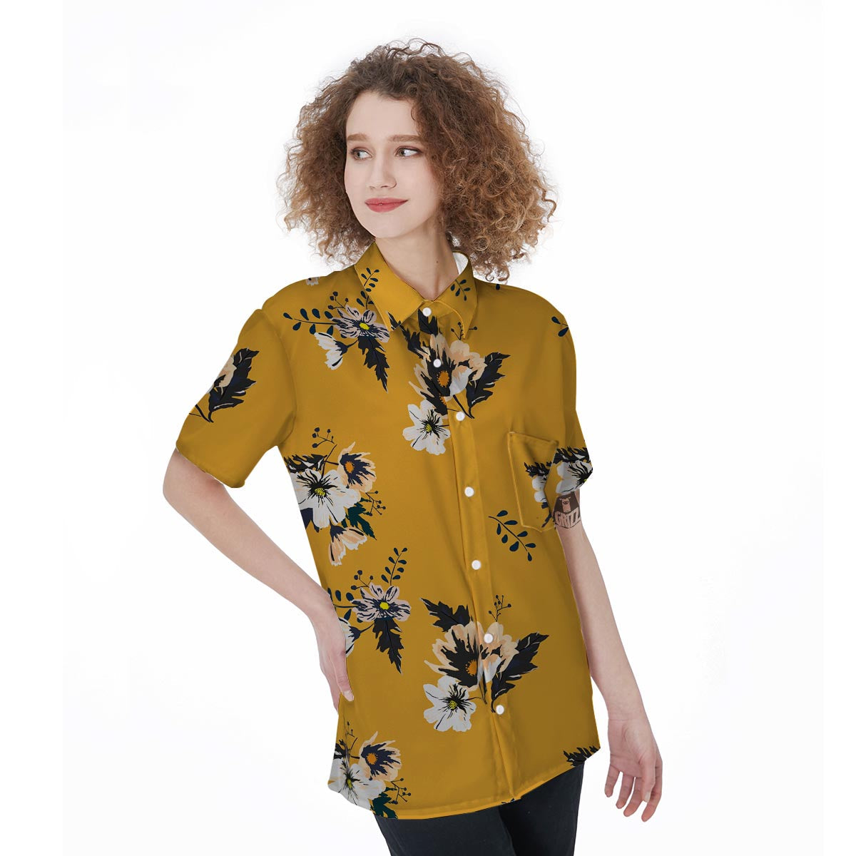 Yellow Flower Print Women's Short Sleeve Shirts-grizzshop