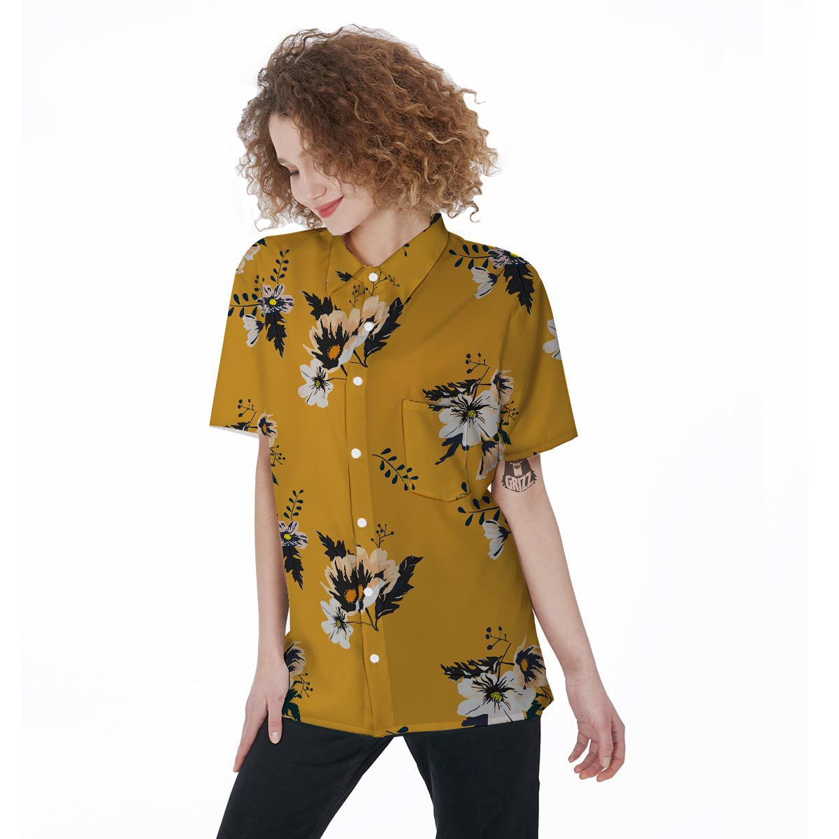 Yellow Flower Print Women's Short Sleeve Shirts-grizzshop