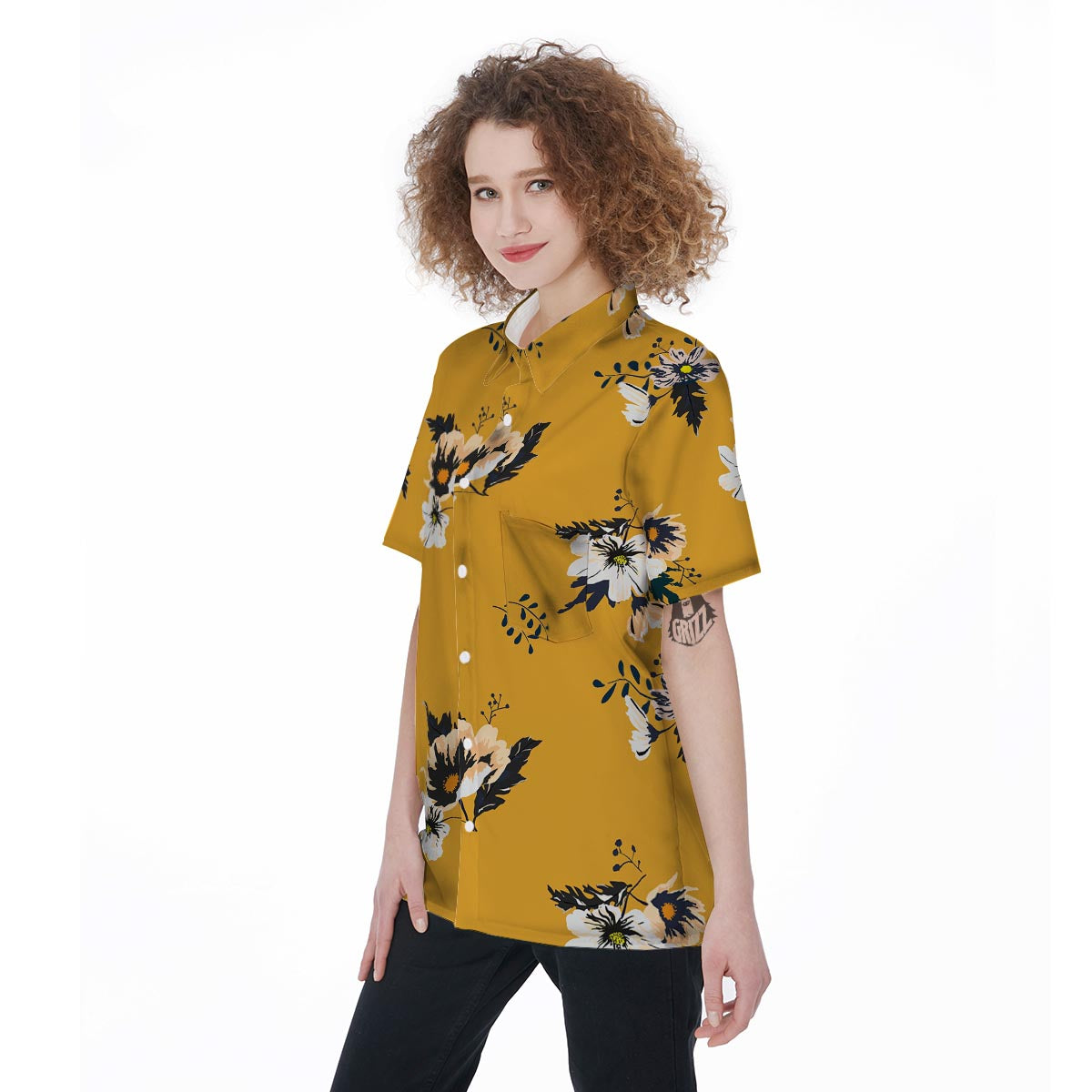 Yellow Flower Print Women's Short Sleeve Shirts-grizzshop