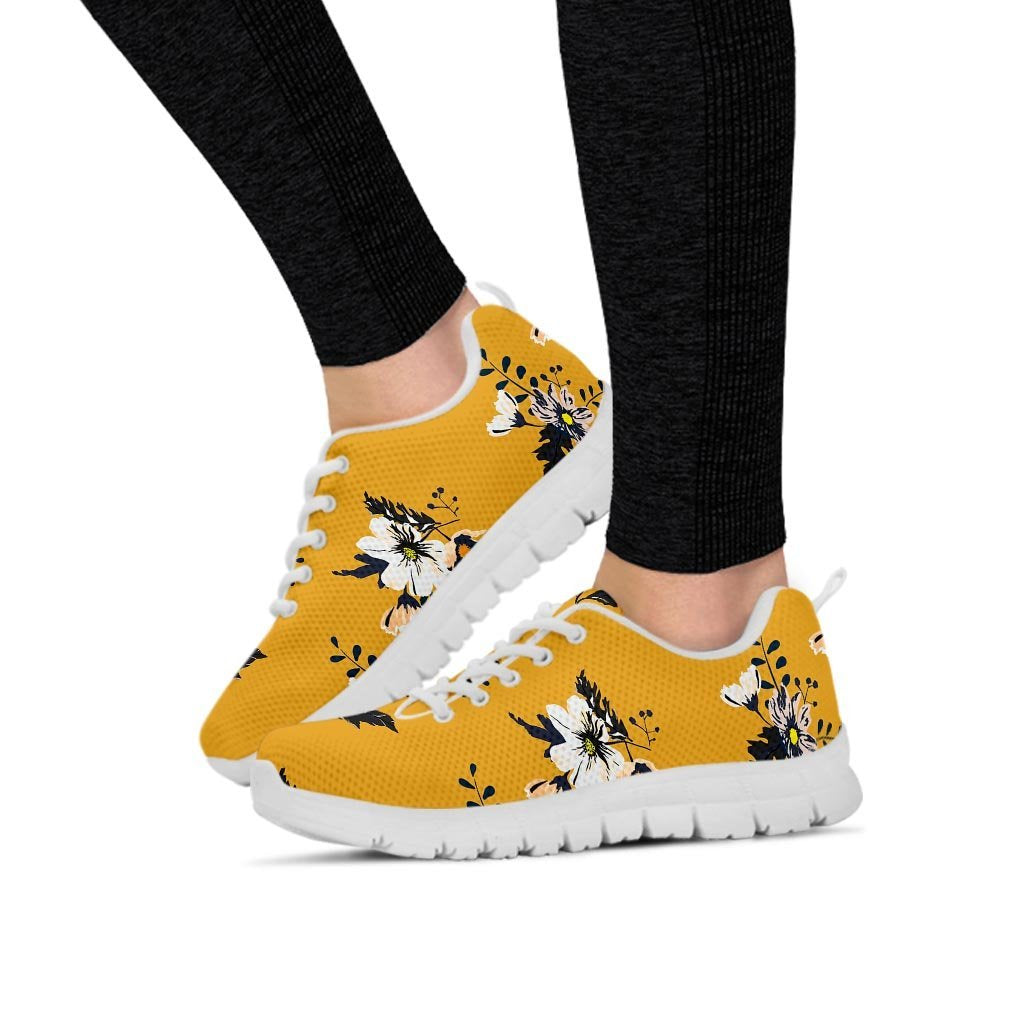 Yellow Flower Print Women's Sneakers-grizzshop