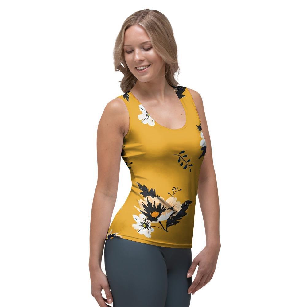 Yellow Flower Print Women's Tank Top-grizzshop