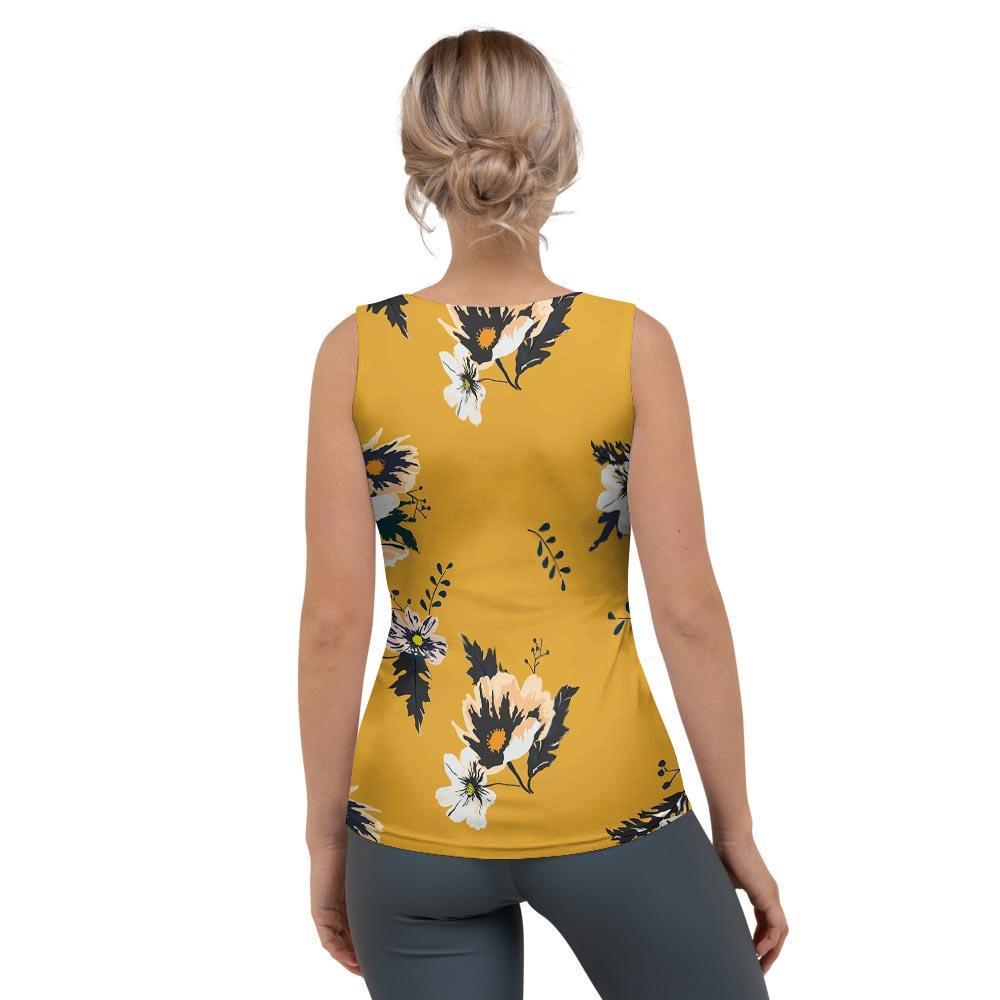 Yellow Flower Print Women's Tank Top-grizzshop