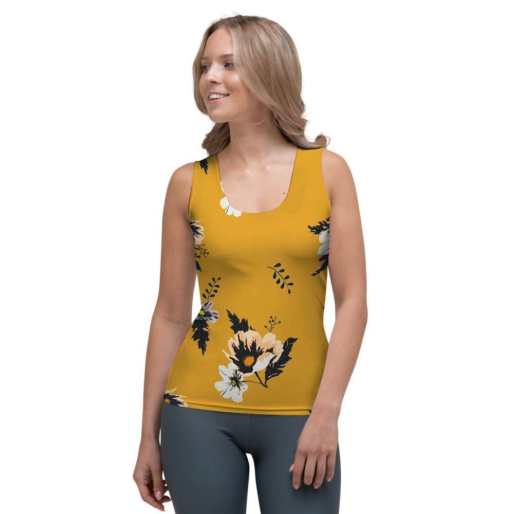 Yellow Flower Print Women's Tank Top-grizzshop