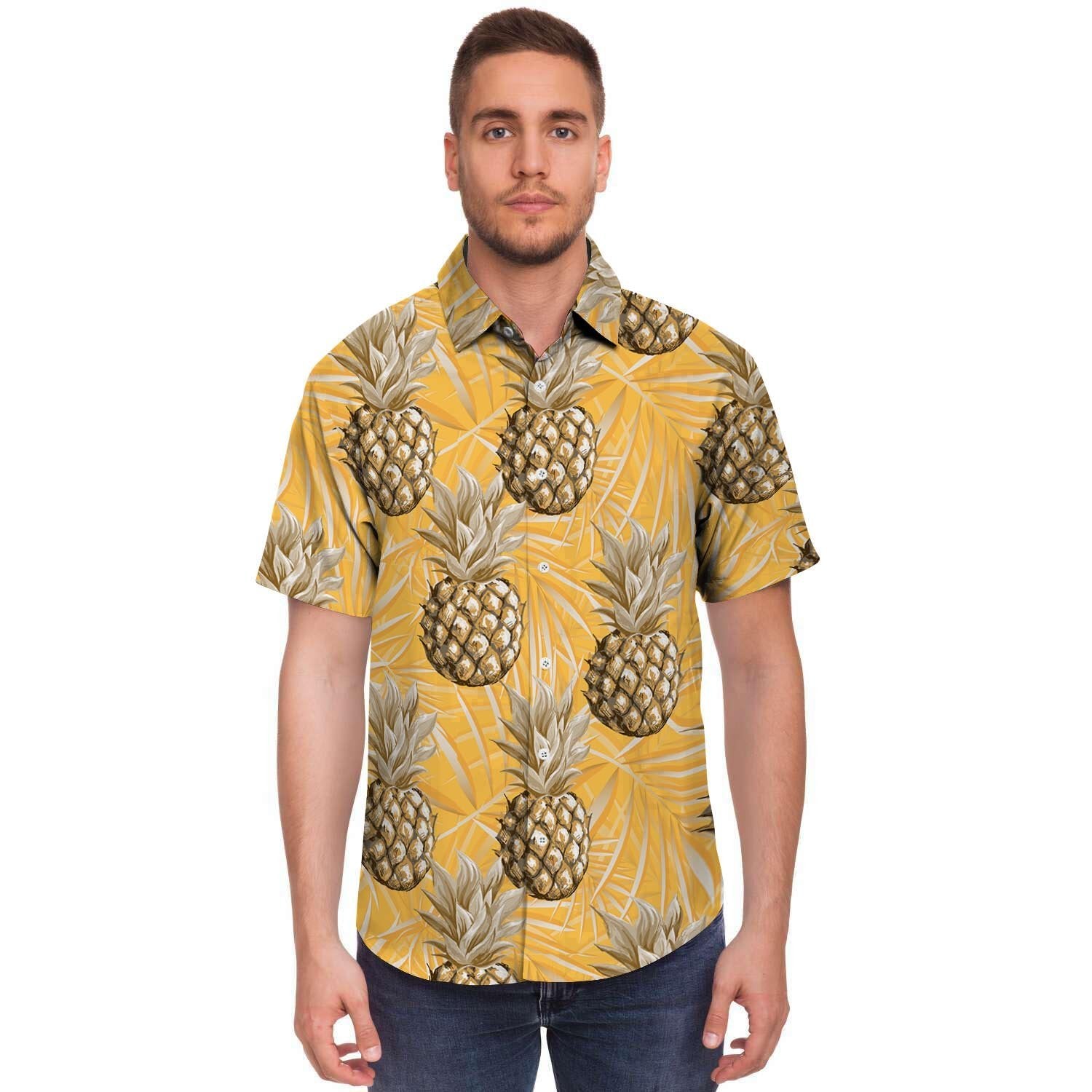 Yellow Hawaiian Pineapple Print Men's Short Sleeve Shirt-grizzshop