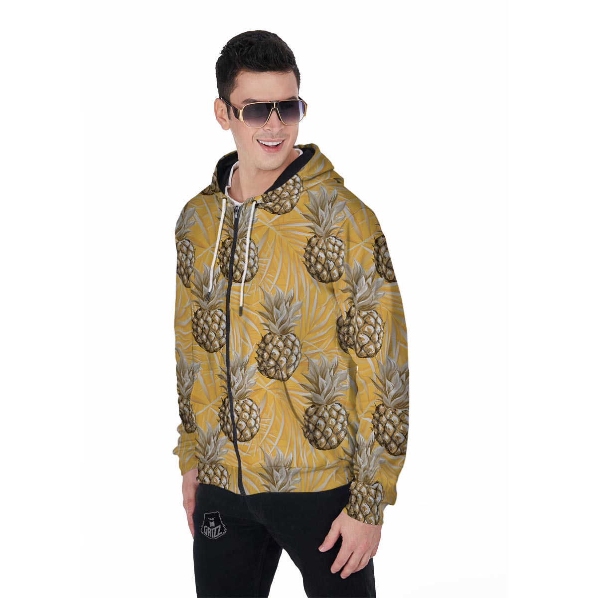 Yellow Hawaiian Pineapple Print Men's Zip Up Hoodie-grizzshop