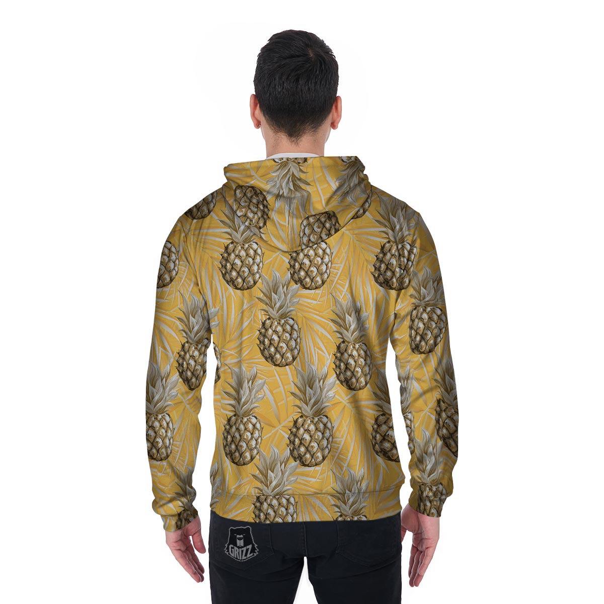 Yellow Hawaiian Pineapple Print Men's Zip Up Hoodie-grizzshop