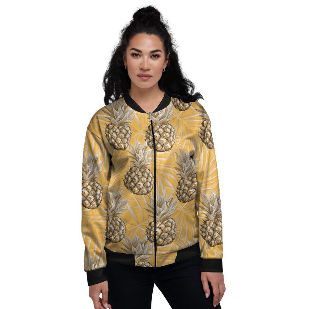 Yellow Hawaiian Pineapple Print Women's Bomber Jacket-grizzshop