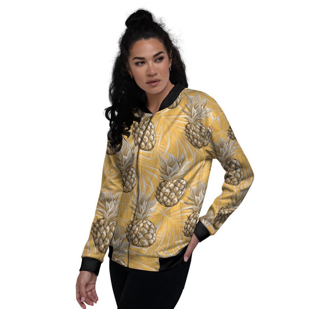 Yellow Hawaiian Pineapple Print Women's Bomber Jacket-grizzshop