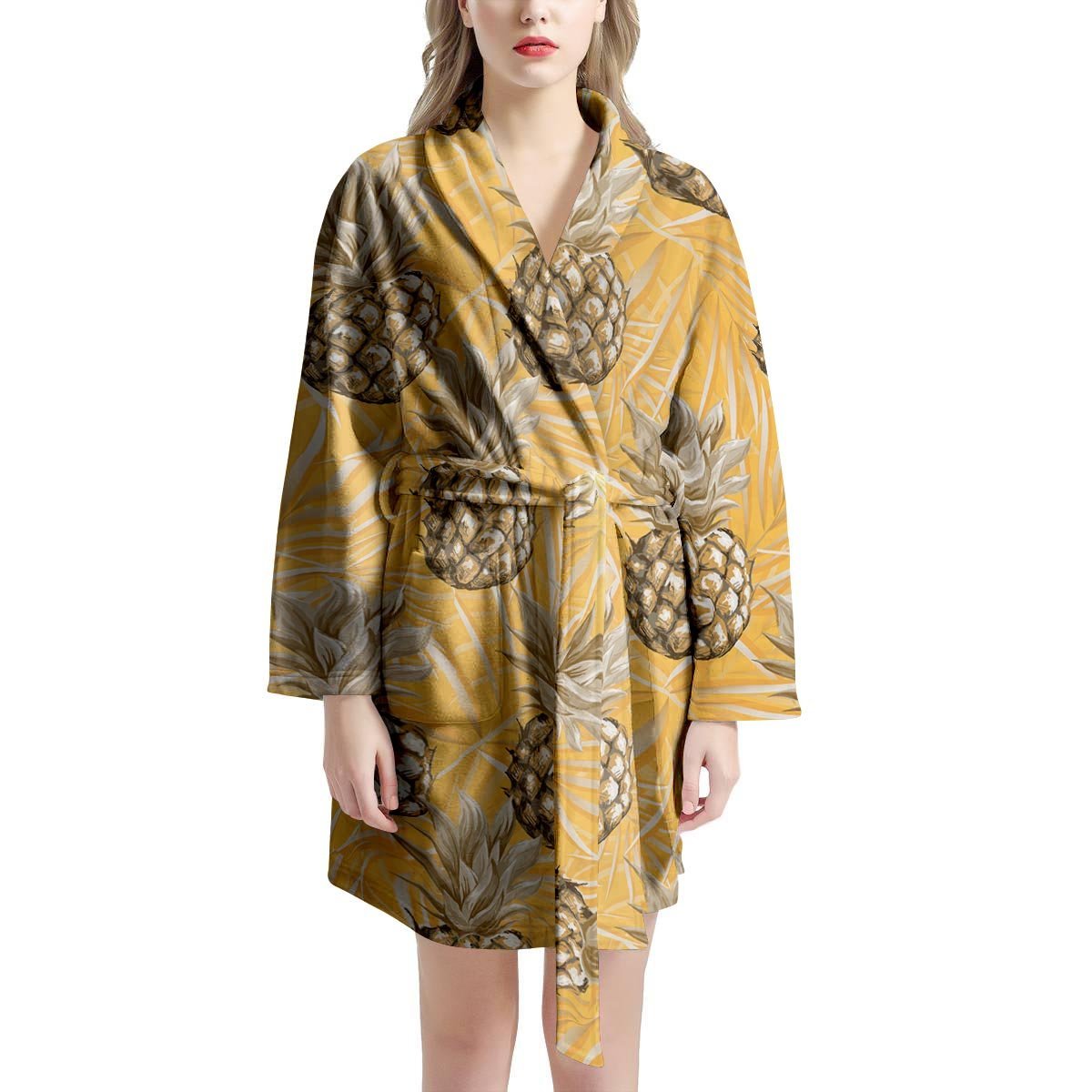 Yellow Hawaiian Pineapple Print Women's Robe-grizzshop
