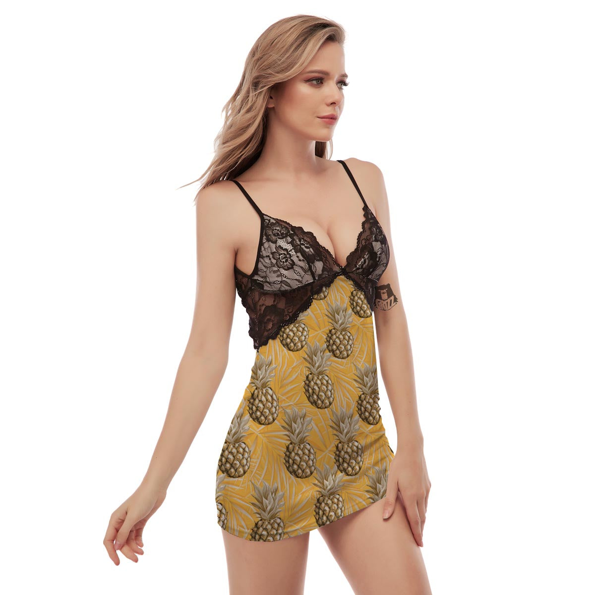 Yellow Hawaiian Pineapple Print Women's Sexy Night Dress-grizzshop