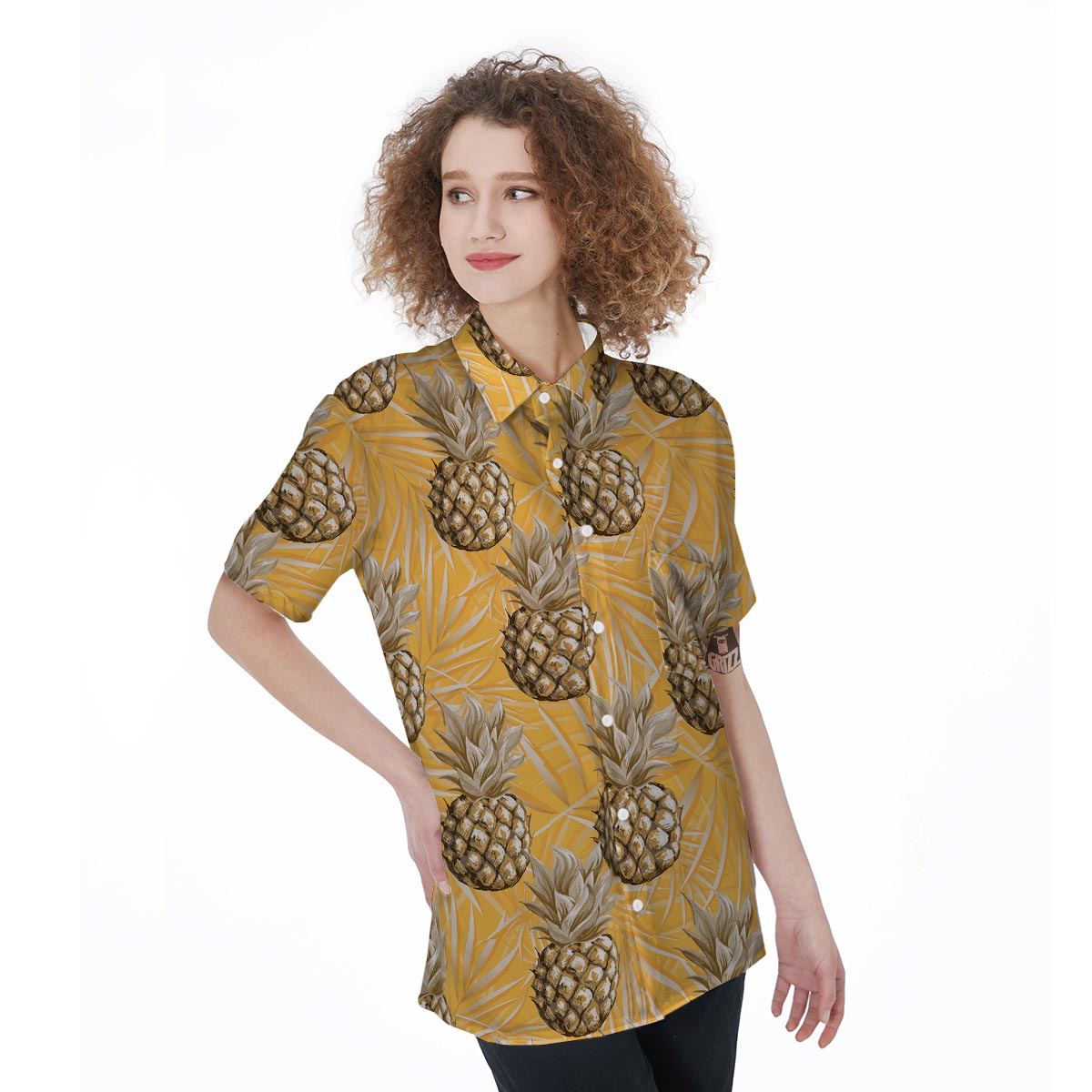 Yellow Hawaiian Pineapple Print Women's Short Sleeve Shirts-grizzshop