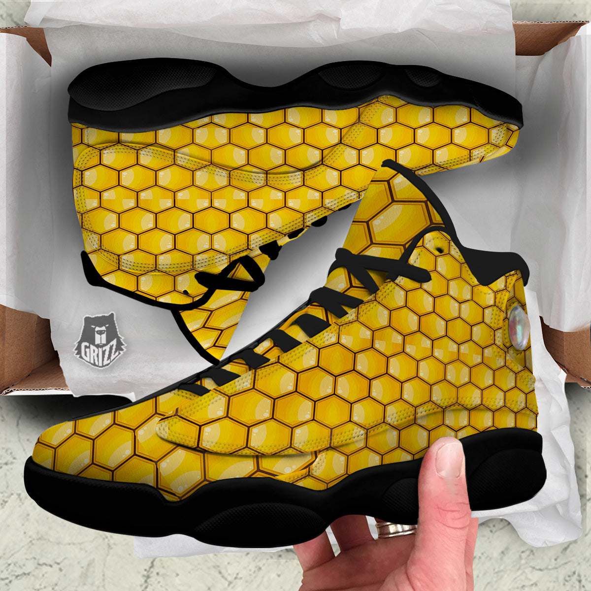 Yellow Honeycomb Print Pattern Black Basketball Shoes-grizzshop