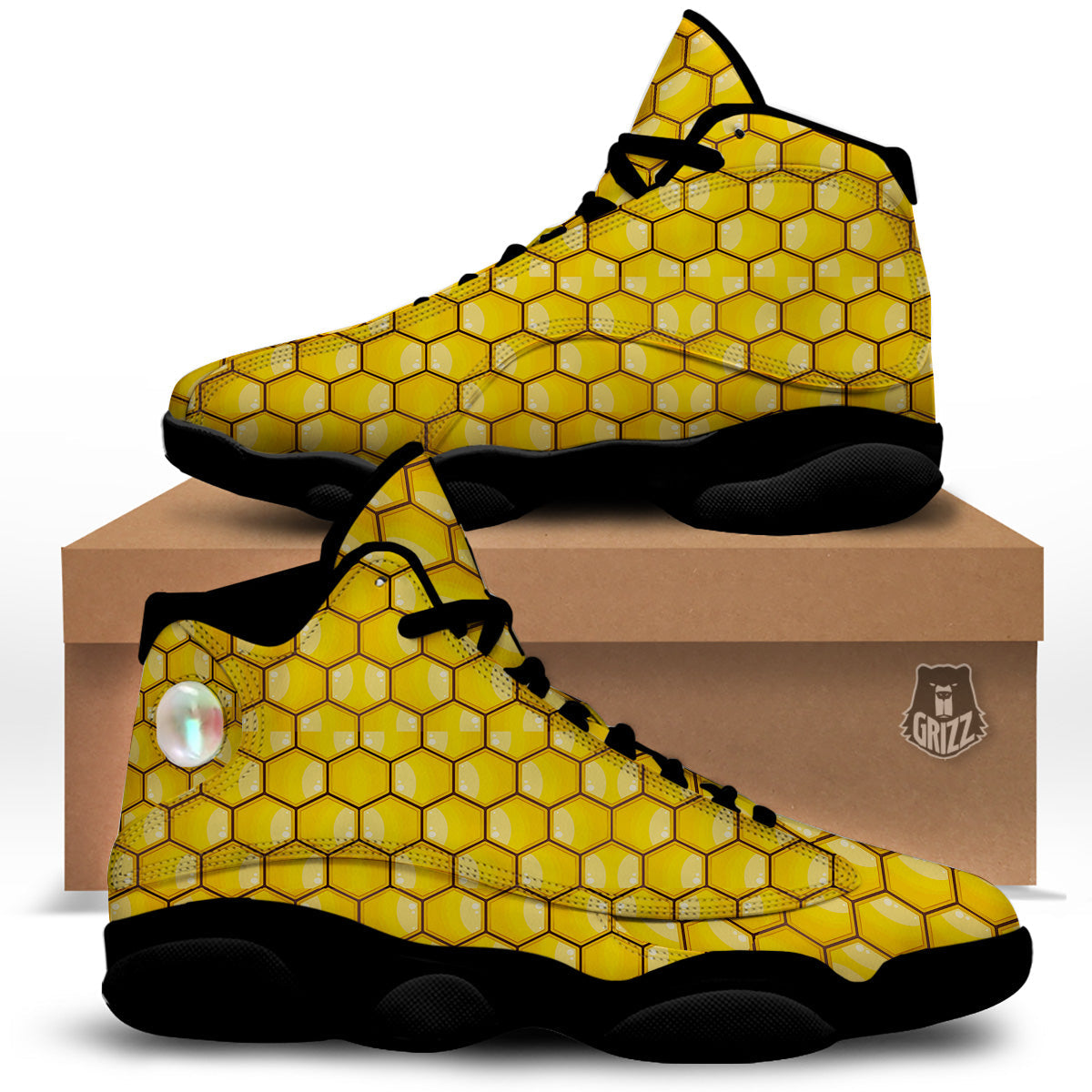 Yellow Honeycomb Print Pattern Black Basketball Shoes-grizzshop