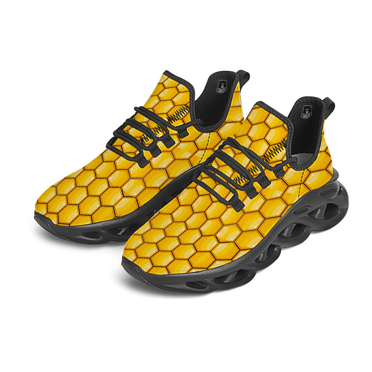 Yellow Honeycomb Print Pattern Black Running Shoes-grizzshop