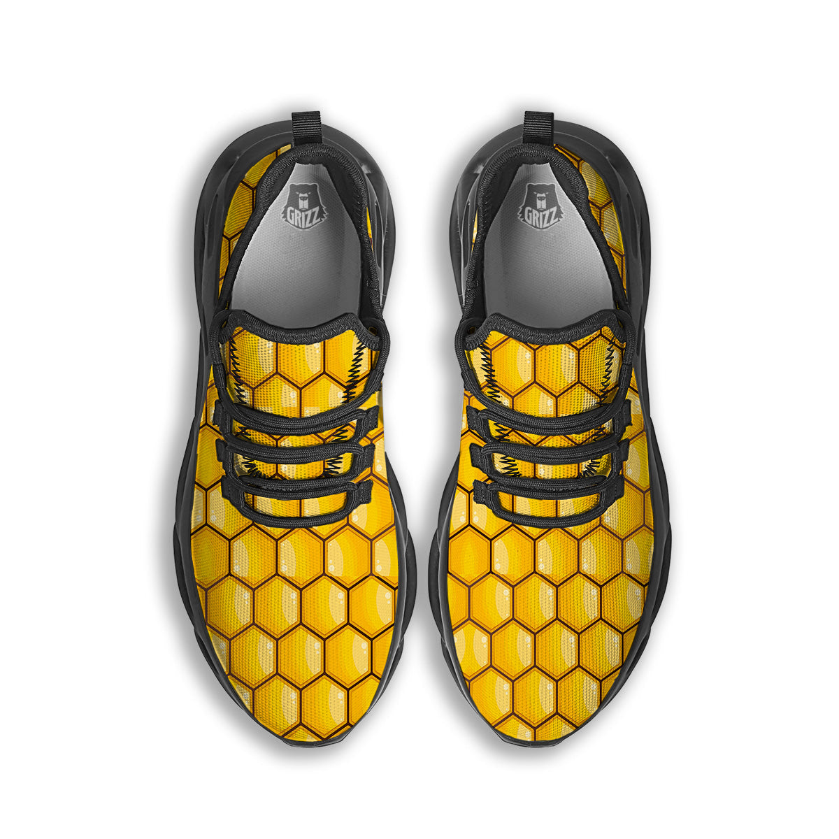 Yellow Honeycomb Print Pattern Black Running Shoes-grizzshop