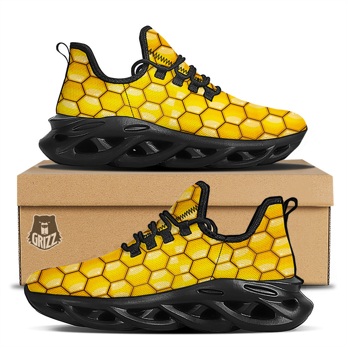 Yellow Honeycomb Print Pattern Black Running Shoes
