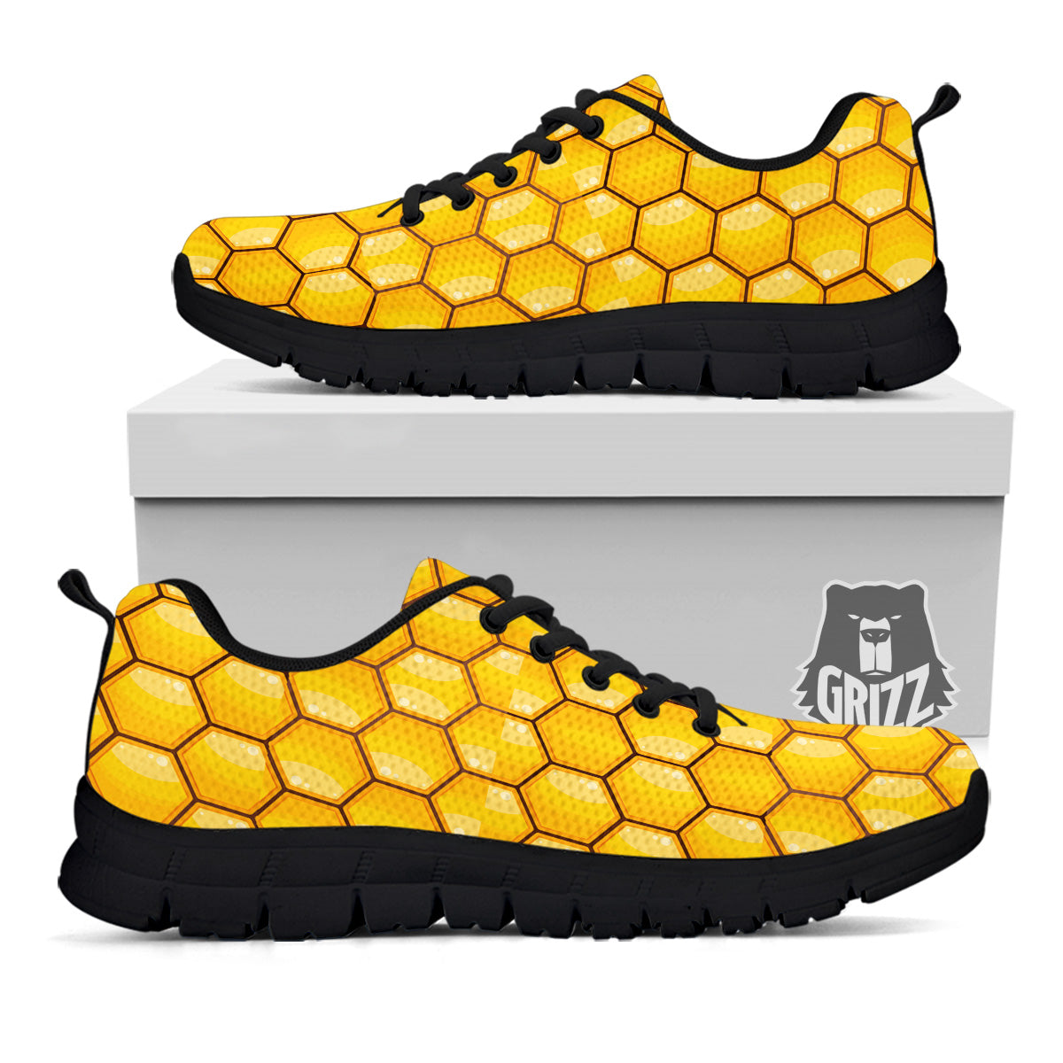 Yellow Honeycomb Print Pattern Black Sneaker-grizzshop