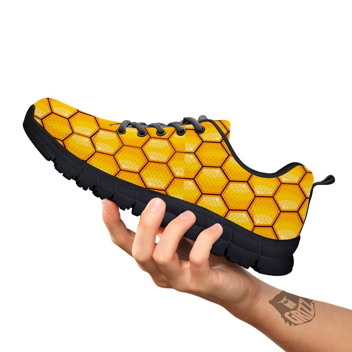 Yellow Honeycomb Print Pattern Black Sneaker-grizzshop