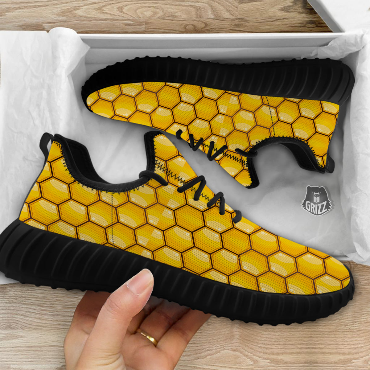 Yellow Honeycomb Print Pattern Black Walking Shoes-grizzshop