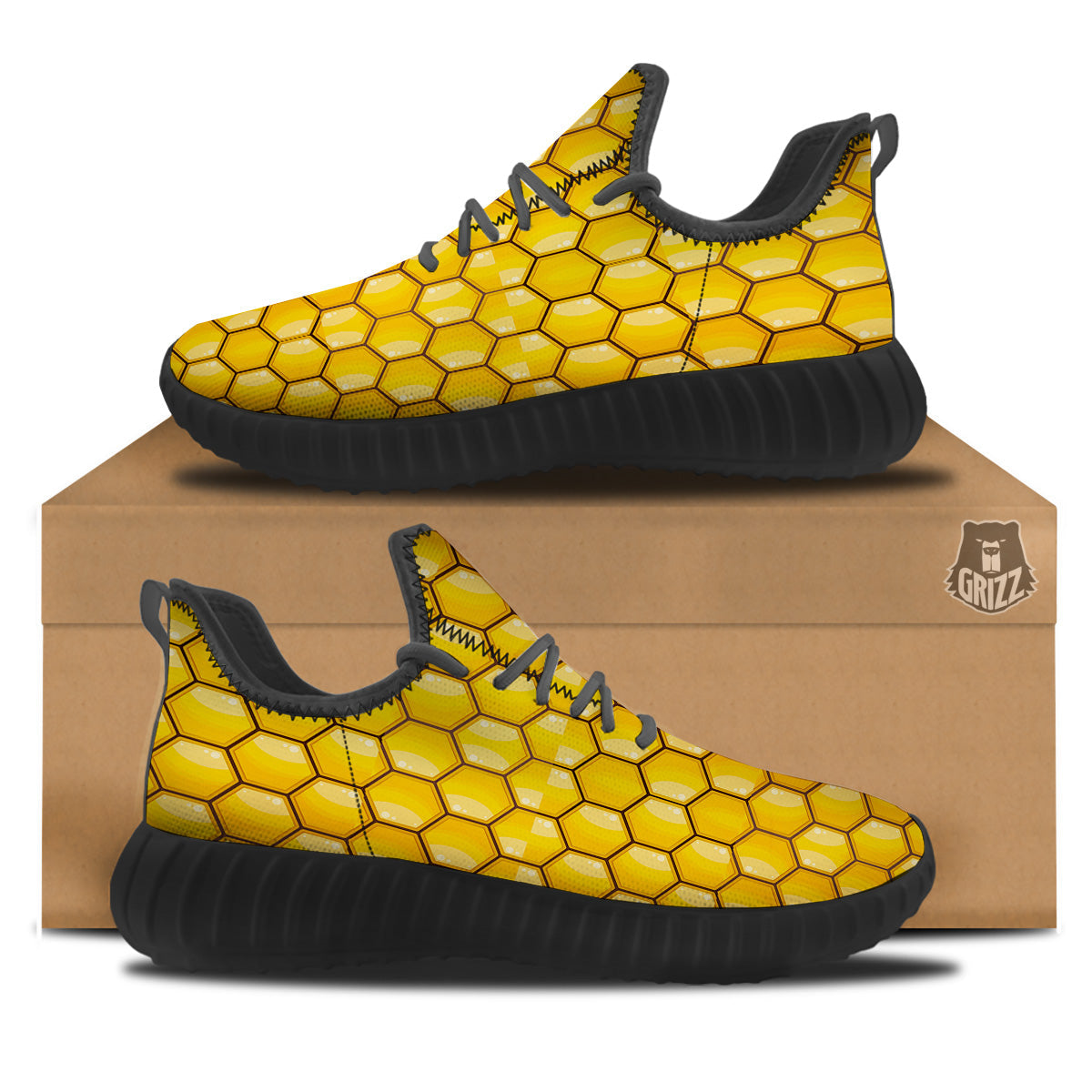Yellow Honeycomb Print Pattern Black Walking Shoes-grizzshop