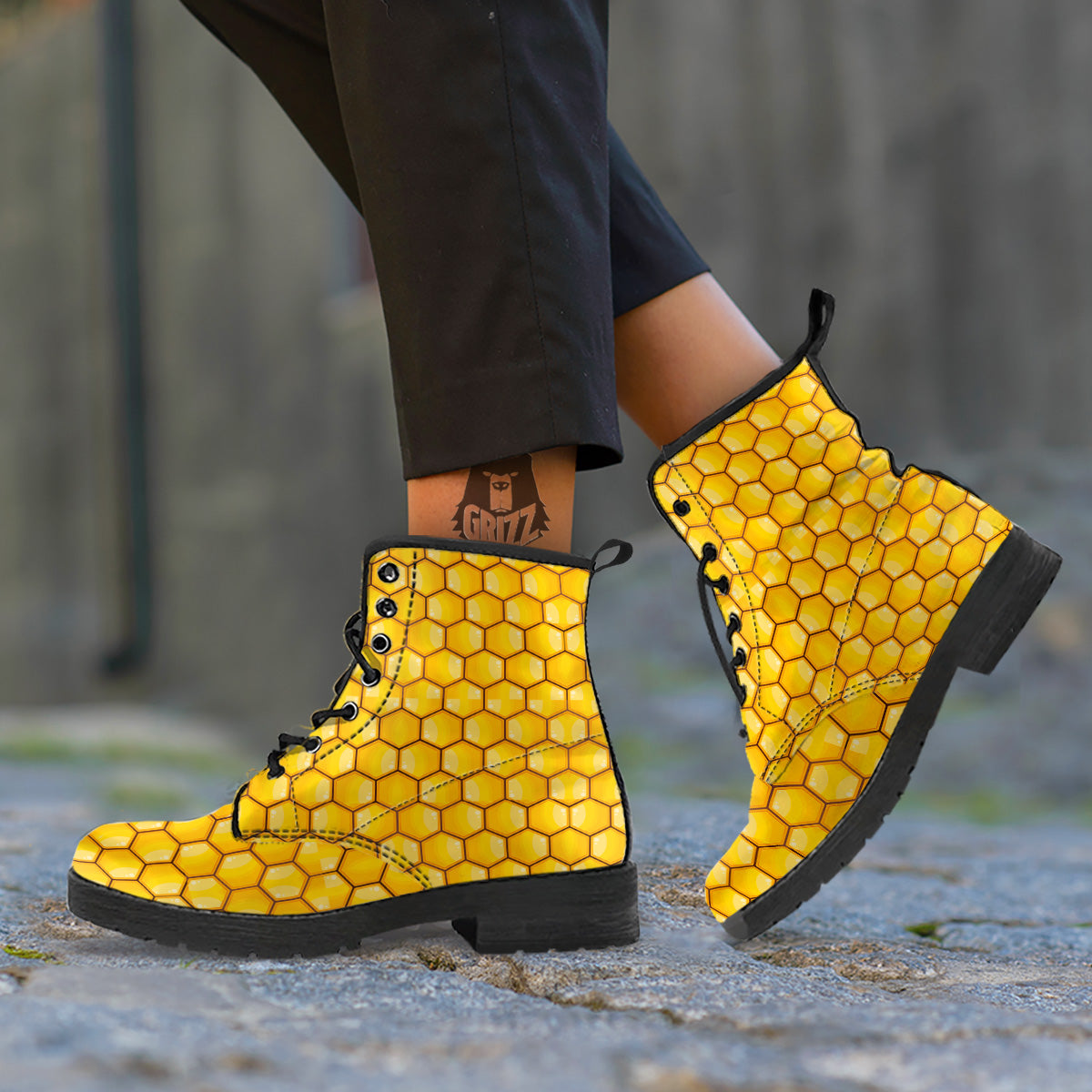 Yellow Honeycomb Print Pattern Leather Boots-grizzshop