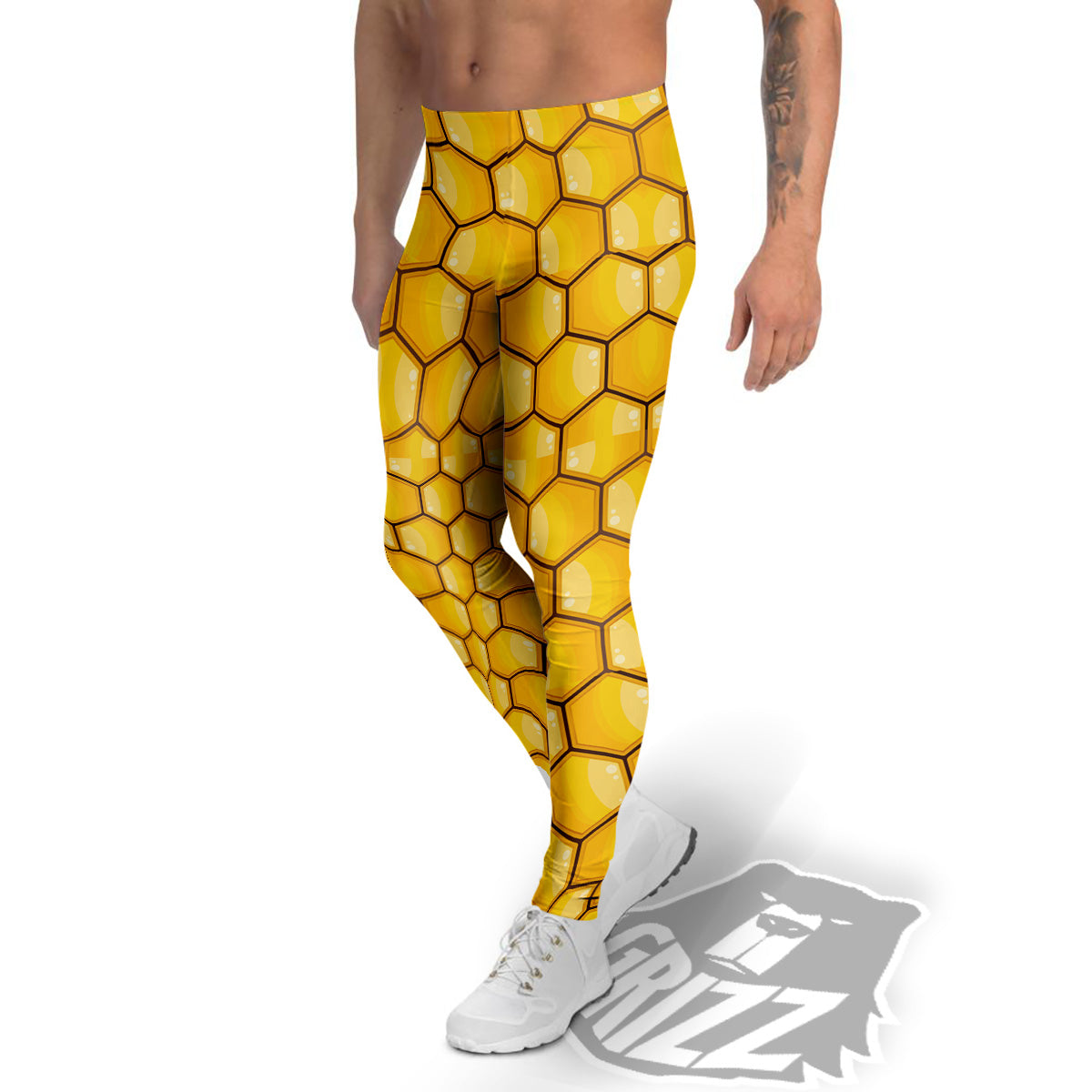 Yellow Honeycomb Print Pattern Men's Leggings-grizzshop