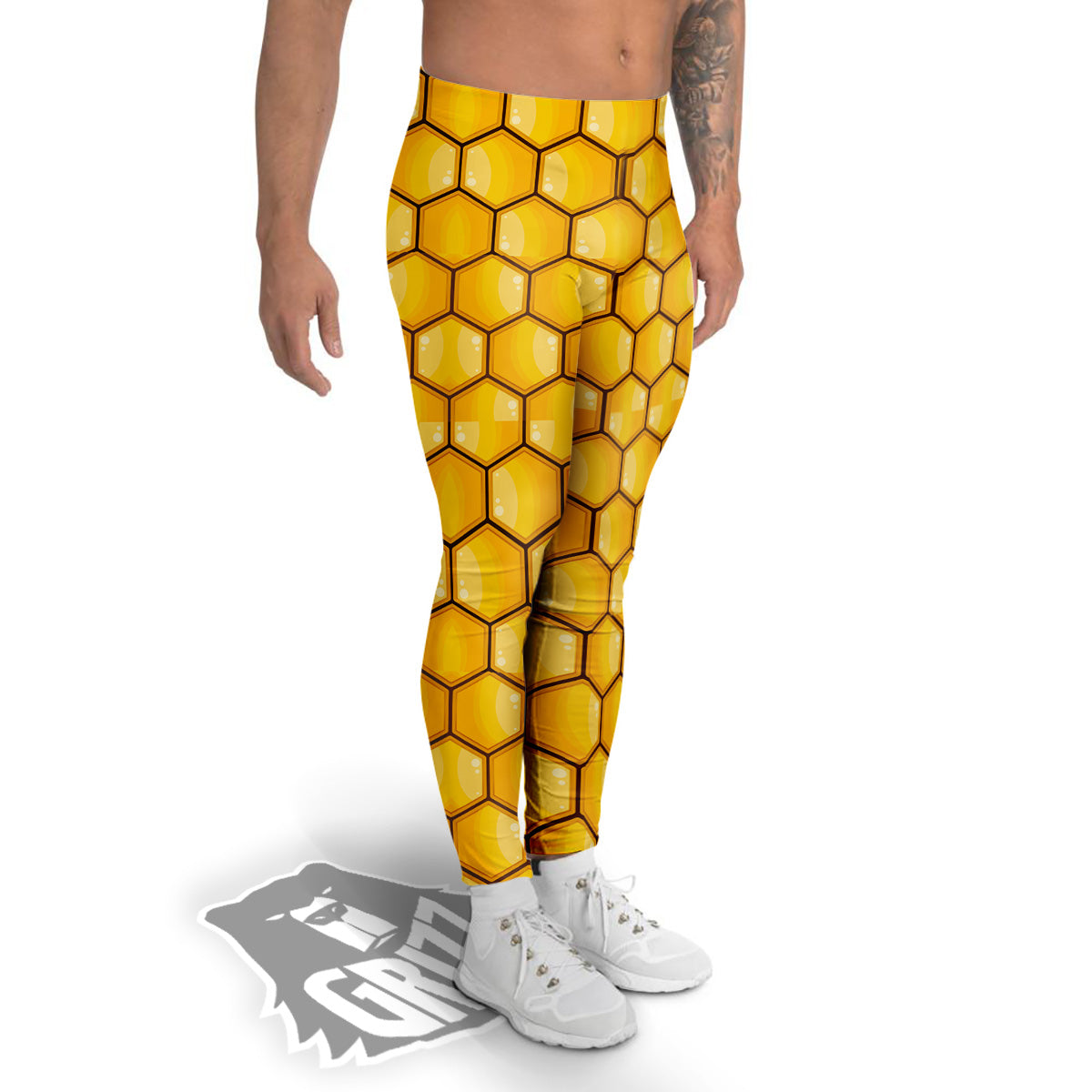 Yellow Honeycomb Print Pattern Men's Leggings-grizzshop