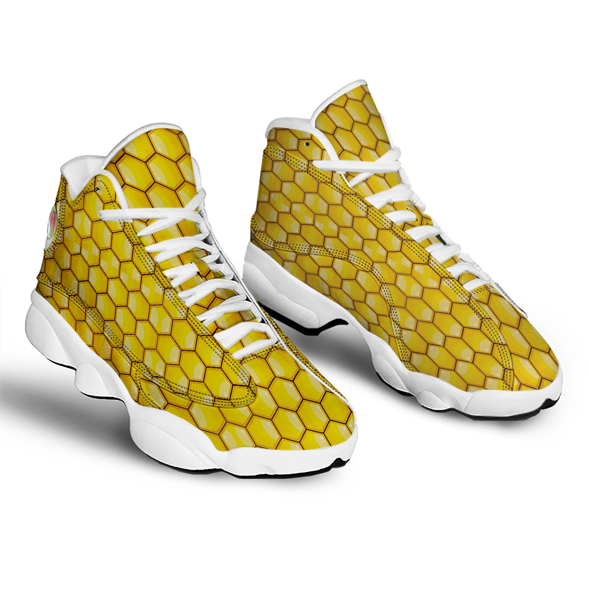 Yellow Honeycomb Print Pattern White Basketball Shoes-grizzshop
