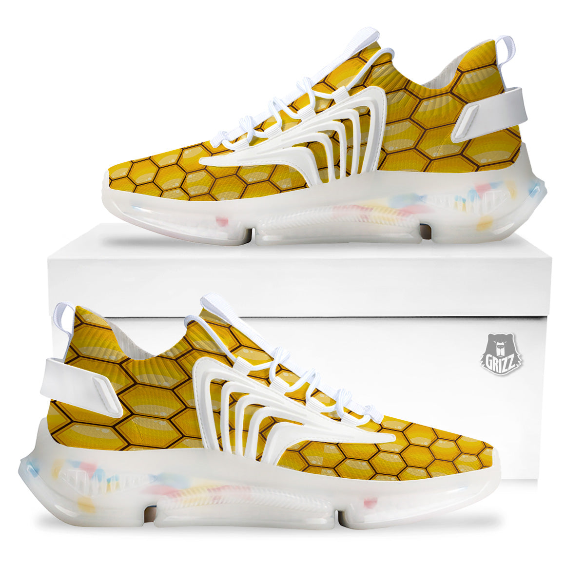 Yellow Honeycomb Print Pattern White Gym Shoes-grizzshop